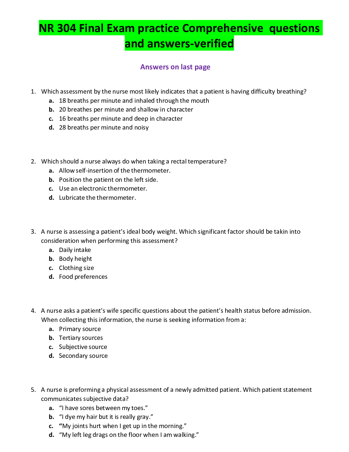 Preview of NR 304 Final Exam practice Comprehensive  questions and answers-verified